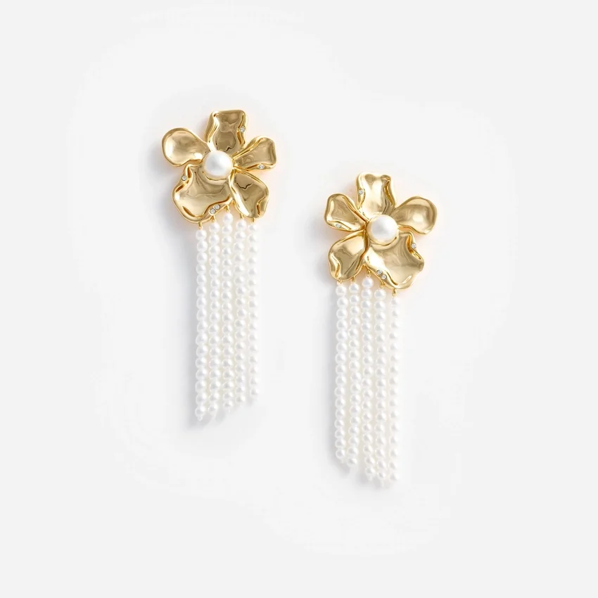 Gold Flower Pearl Dangle Earrings Gold Flower Pearl Dangle Earrings
