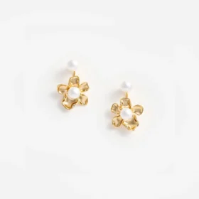 Gold Flower Pearl Jacket Earrings