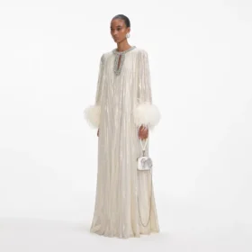 Gold Metallic Feather Maxi Dress