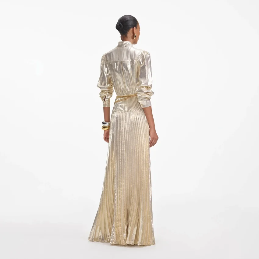 Gold Metallic Tie Neck Maxi Dress Gold Metallic Tie Neck Maxi Dress