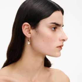 Gold Pearl Drop Hoop Earrings