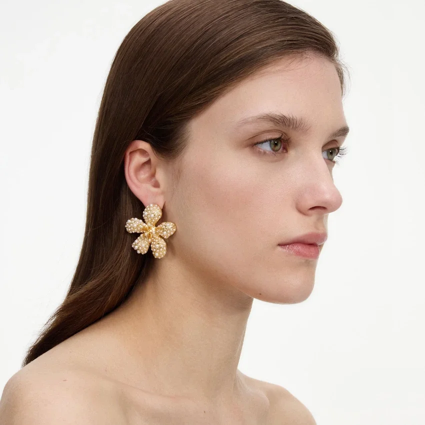 Gold Pearl Encrusted Flower Earrings Gold Pearl Encrusted Flower Earrings