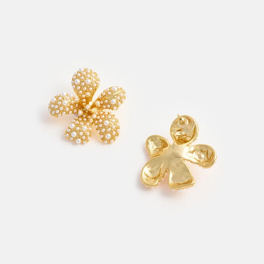 Gold Pearl Encrusted Flower Earrings Gold Pearl Encrusted Flower Earrings