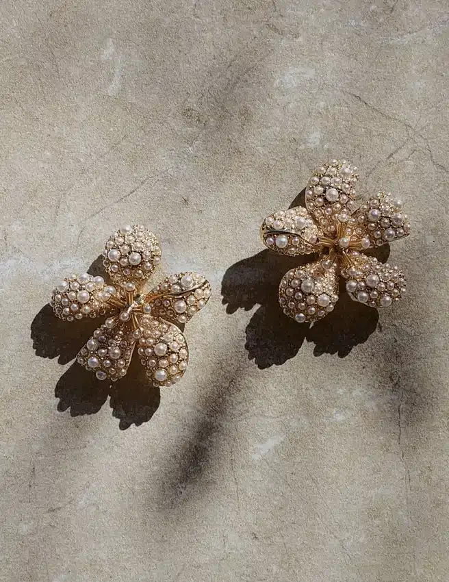 Gold Pearl Encrusted Flower Earrings Gold Pearl Encrusted Flower Earrings