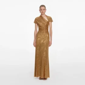 Gold Rhinestone Drape Maxi Dress