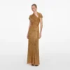 Gold Rhinestone Drape Maxi Dress