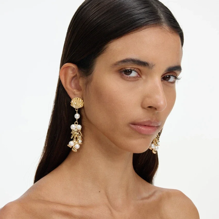 Gold Shell Pearl Coral Earrings Gold Shell Pearl Coral Earrings