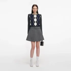 Grey Herringbone Flared Mini Skirt