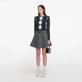 Grey Herringbone Flared Mini Skirt