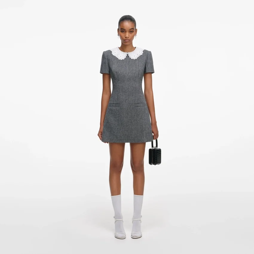 Grey Herringbone Collared Mini Dress Grey Herringbone Collared Mini Dress