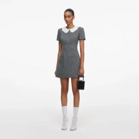 Grey Herringbone Collared Mini Dress