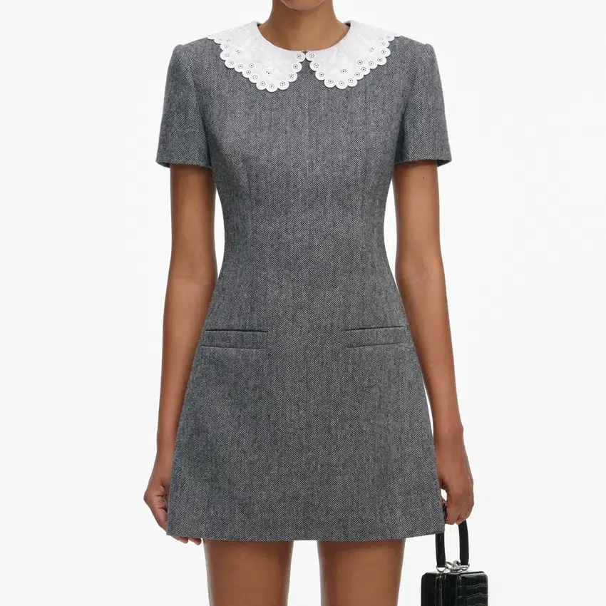 Grey Herringbone Collared Mini Dress Grey Herringbone Collared Mini Dress