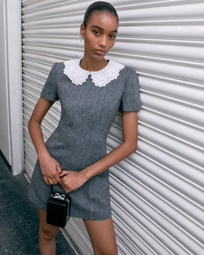 Grey Herringbone Collared Mini Dress Grey Herringbone Collared Mini Dress