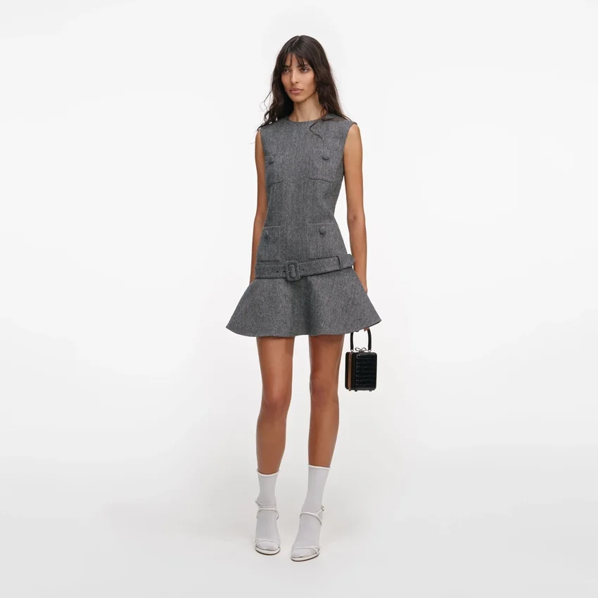 Grey Herringbone Flared Mini Dress Grey Herringbone Flared Mini Dress