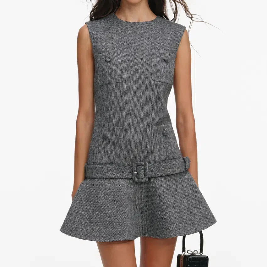 Grey Herringbone Flared Mini Dress Grey Herringbone Flared Mini Dress