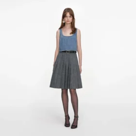 Grey Herringbone Pleated Midi Skirt