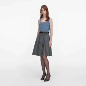 Grey Herringbone Pleated Midi Skirt