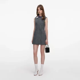 Grey Herringbone Scarf Detail Mini Dress