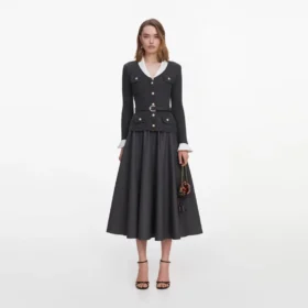 Grey Knit Twill Midi Dress