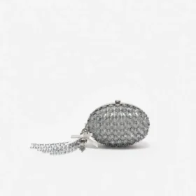 Grey Oval Crystal Chain Clutch Bag