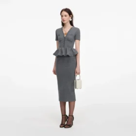 Grey Peplum Knit Midi Dress