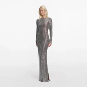 Grey Rhinestone Long Sleeve Maxi Dress