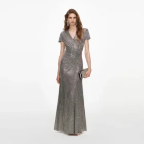 Grey Rhinestone Mesh Wrap Maxi Dress