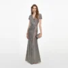 Grey Rhinestone Mesh Wrap Maxi Dress