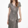 Grey Rhinestone Mesh Wrap Maxi Dress