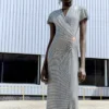 Grey Rhinestone Mesh Wrap Maxi Dress