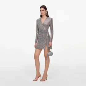 Grey Rhinestone Mesh Wrap Mini Dress