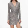 Grey Rhinestone Mesh Wrap Mini Dress