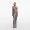 Grey Rhinestone One Shoulder Maxi Dress