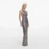 Grey Rhinestone One Shoulder Maxi Dress
