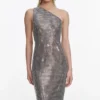 Grey Rhinestone One Shoulder Maxi Dress