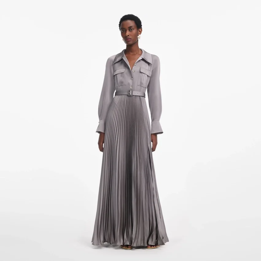 Grey Satin Pleated Maxi Dress Grey Satin Pleated Maxi Dress
