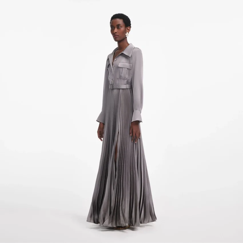 Grey Satin Pleated Maxi Dress Grey Satin Pleated Maxi Dress
