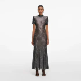 Gunmetal Rhinestone Mesh Midi Dress