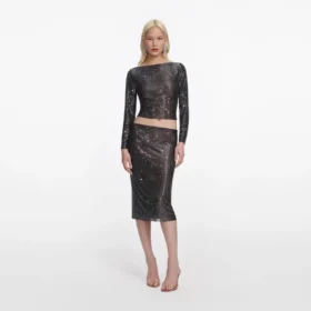 Gunmetal Rhinestone Midi Skirt
