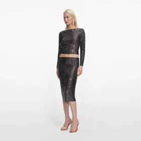 Gunmetal Rhinestone Midi Skirt