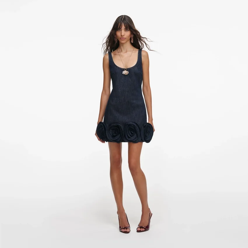 Indigo Denim 3D Flower Mini Dress Indigo Denim 3D Flower Mini Dress