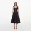 Indigo Denim Bow Embroidered Midi Dress