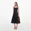 Indigo Denim Bow Embroidered Midi Dress