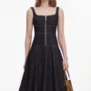 Indigo Denim Bow Embroidered Midi Dress