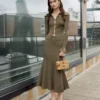 Khaki Knit Midi Skirt