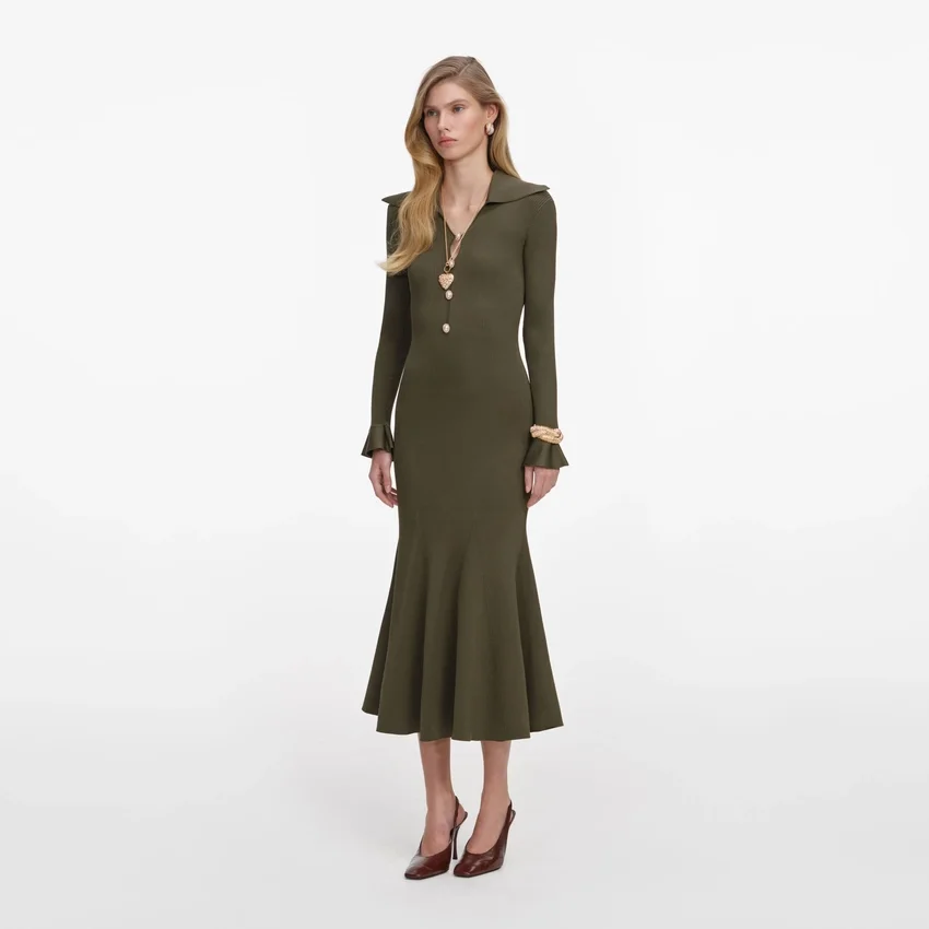 Khaki Pointelle Knit Midi Dress Khaki Pointelle Knit Midi Dress
