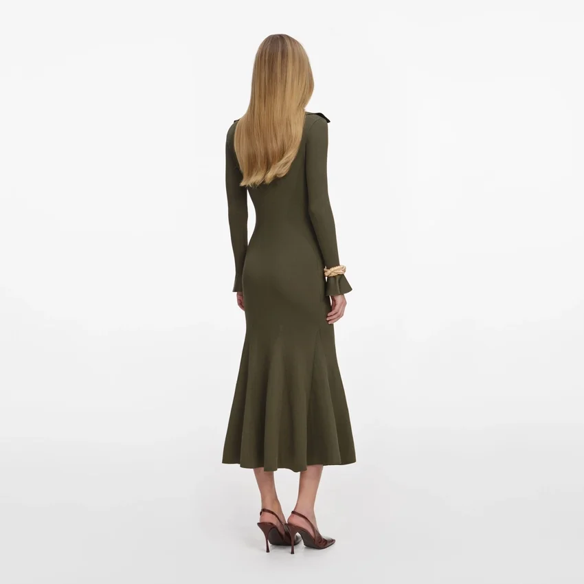 Khaki Pointelle Knit Midi Dress Khaki Pointelle Knit Midi Dress