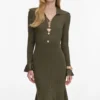 Khaki Pointelle Knit Midi Dress Khaki Pointelle Knit Midi Dress