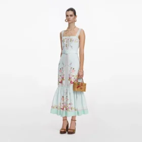Mint Floral Linen Midi Dress