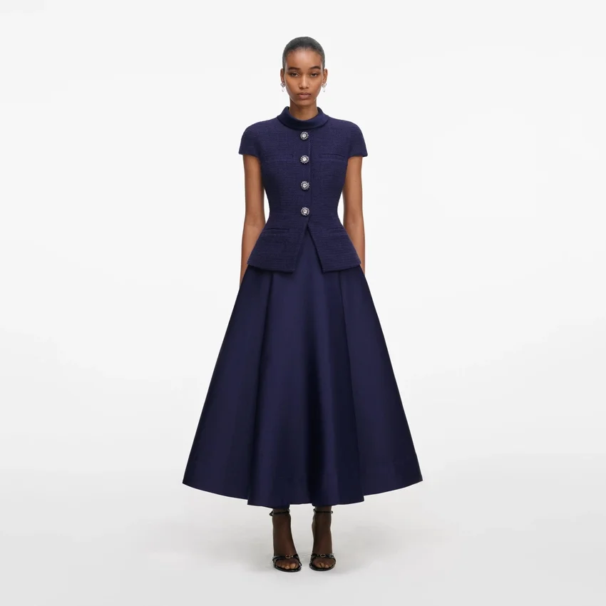 Navy Boucle Taffeta Midi Dress Navy Boucle Taffeta Midi Dress